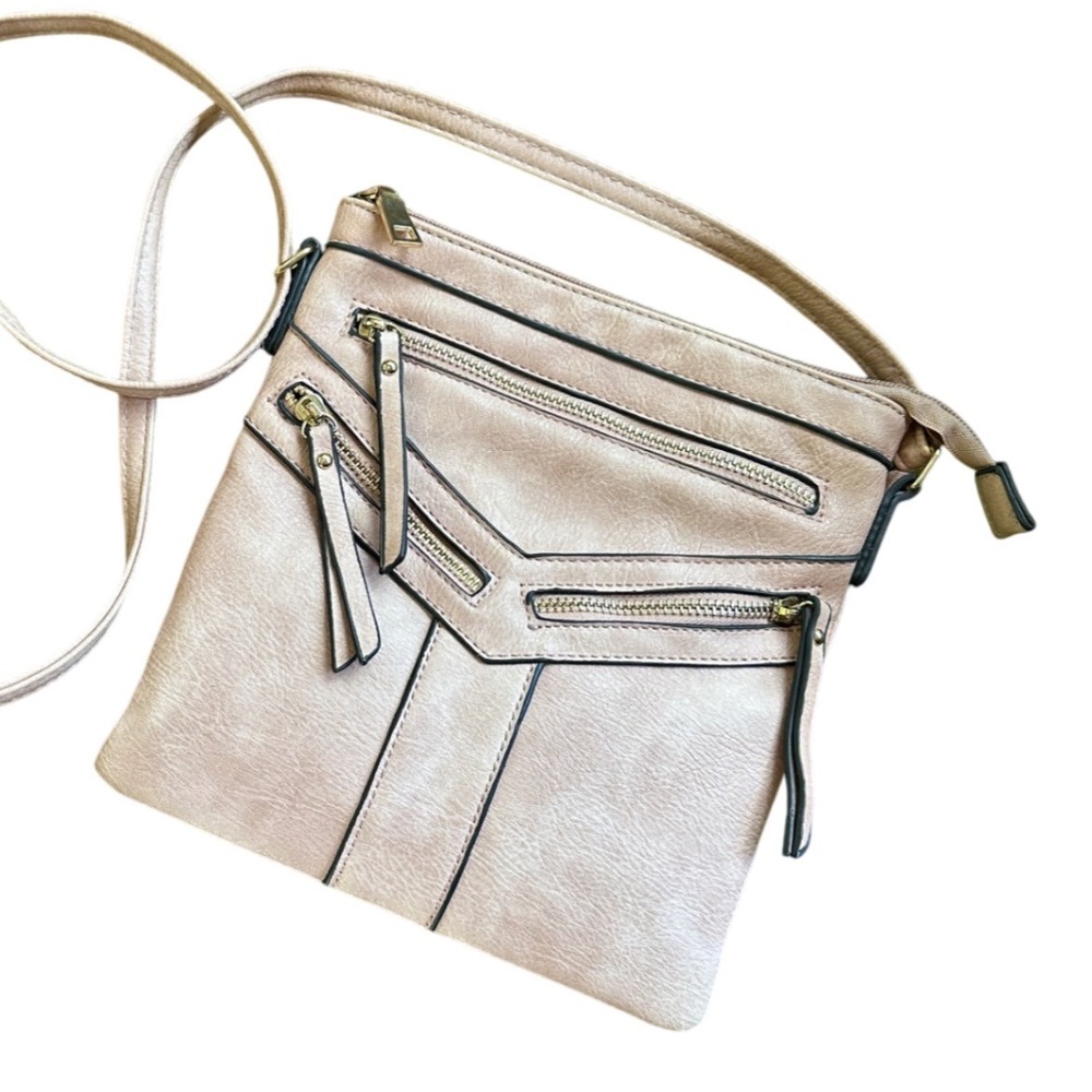 Chic Blush Pink Faux Leather Crossbody Bag with Multiple Zip Pockets
